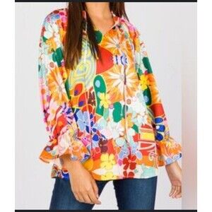 Ciebon Floral Colorful Bright Artsy  Boutique Top Blouse Ruffle Abstract Size XS